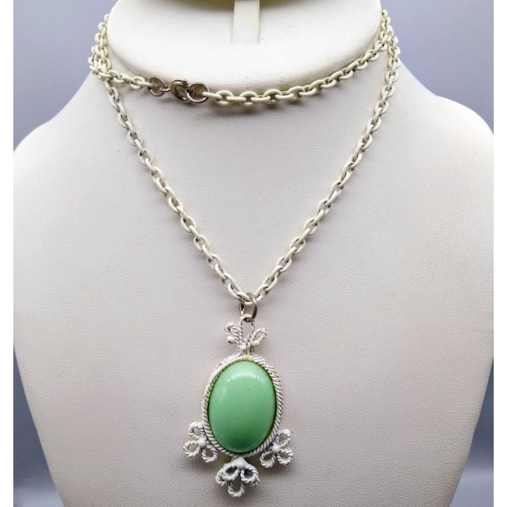 Vintage White Enamel Chain Necklace with Oval Mint Green Cabochon Pendant in Fan